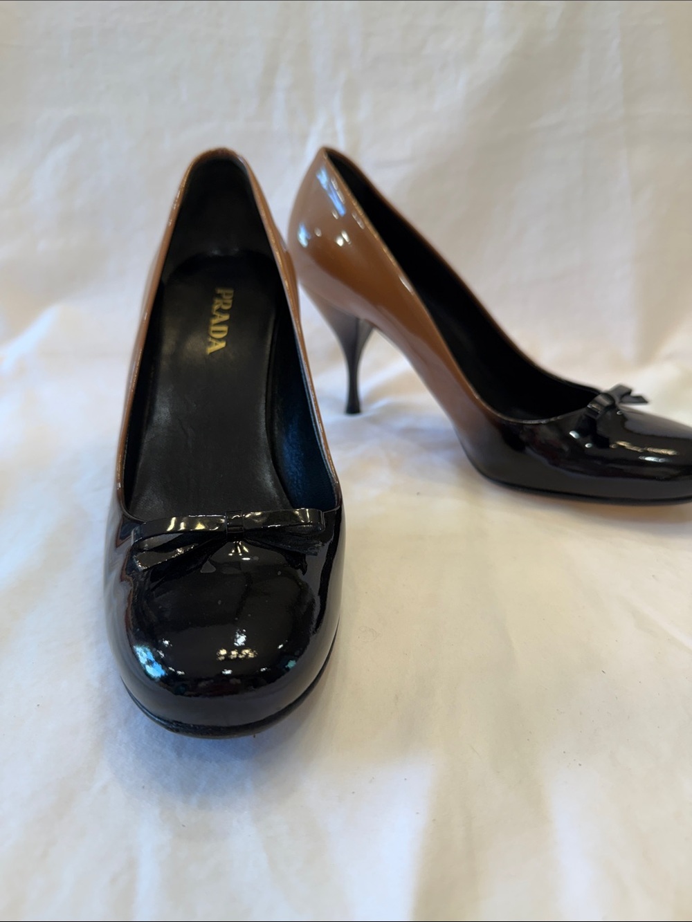 Prada Two-Tone Patent Leather Bow Pumps — Black & Brown
